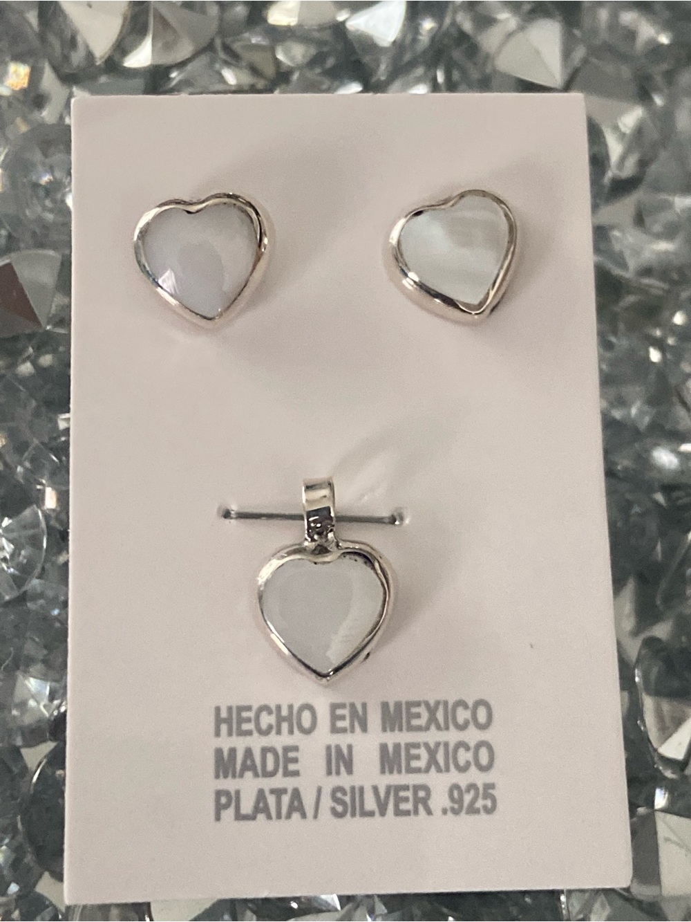 Sterling Silver 925 Mother of Pearl White Heart Earrings and Pendant Set